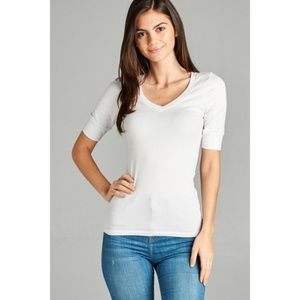 Basic White V-Neck Elbow Sleeve Tee